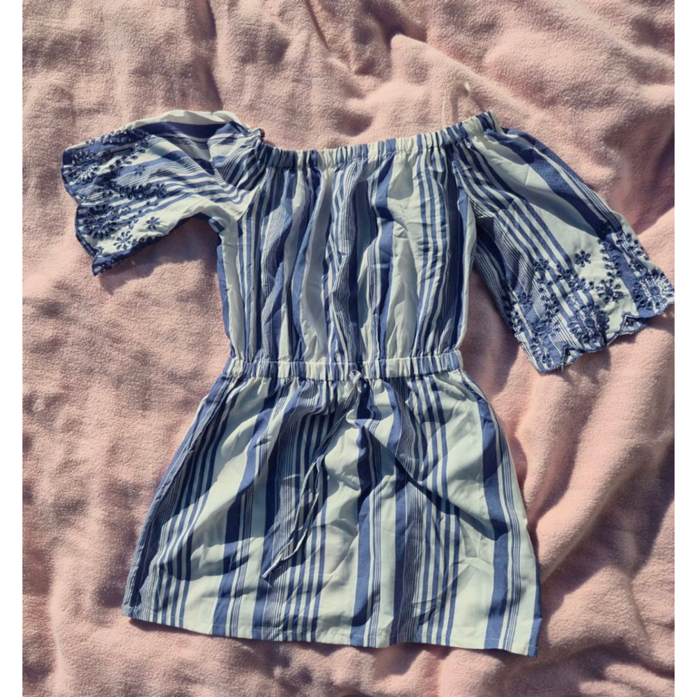 Women's Stylehouse Blue White Striped Off-Shoulder Mini Dress M